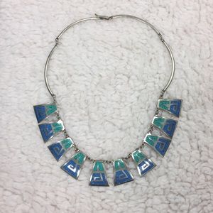 Silver necklace with blue and turquoise inlays